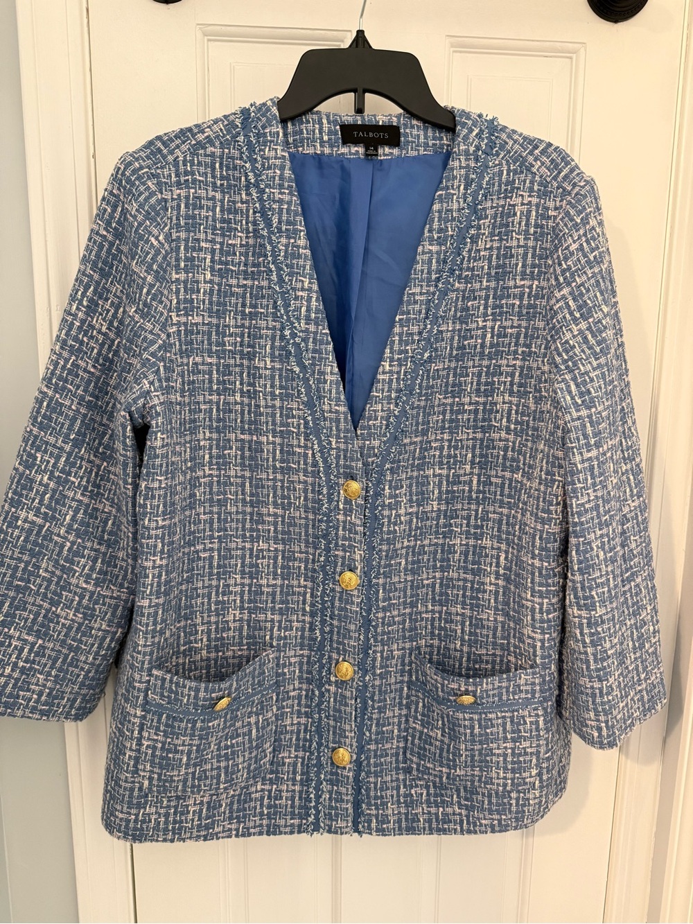 Talbots Blue Tweed Open-Front Jacket with Gold Buttons - Picture 2 of 4